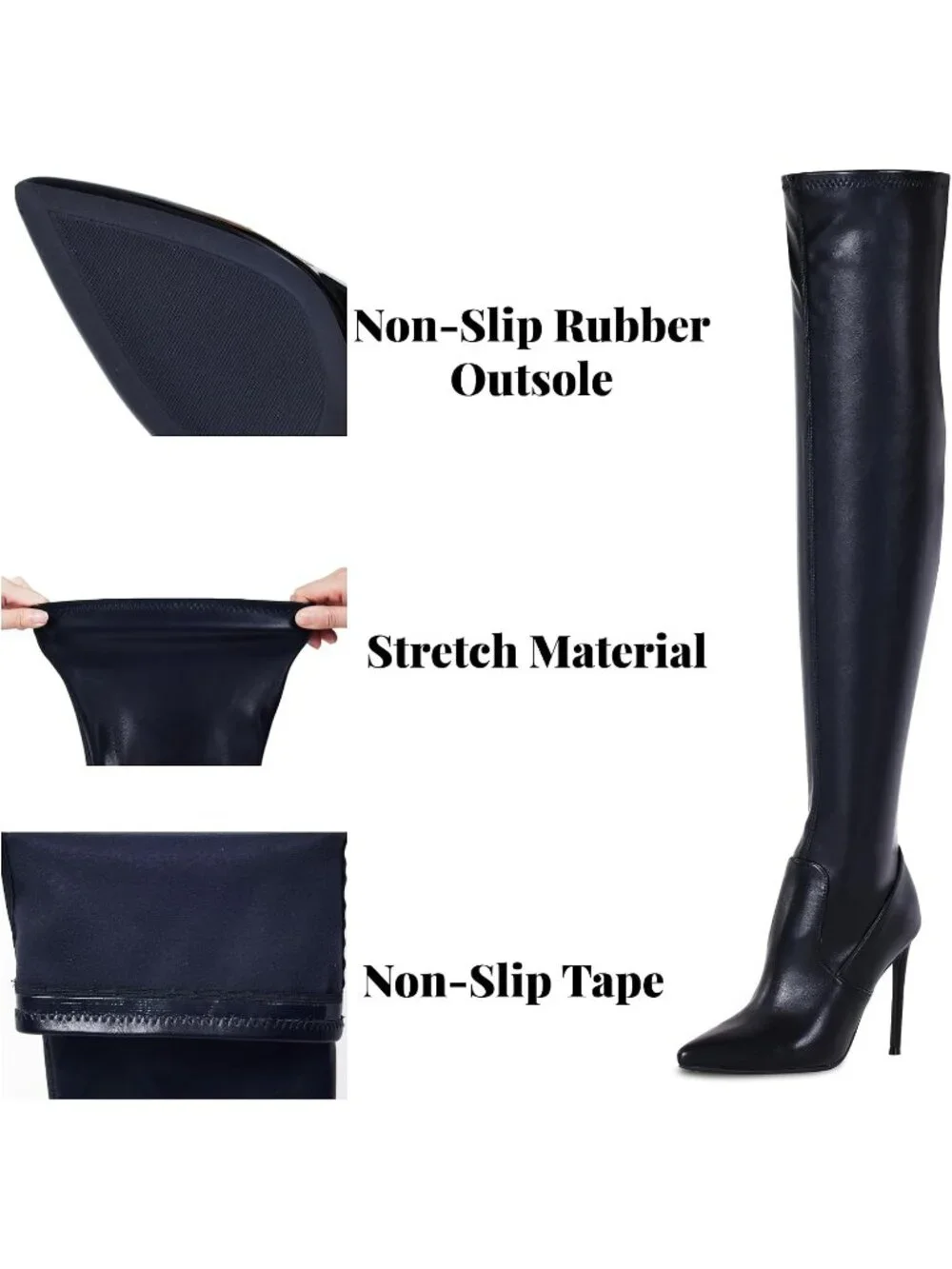 Women's Black Matte Pointed Toe Suede Stiletto Heel Stretch Over The Knee Boots